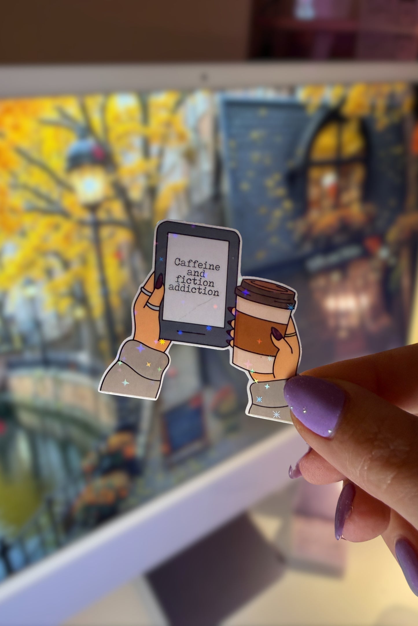 Caffeine and Fiction Addiction Sparkly Sticker