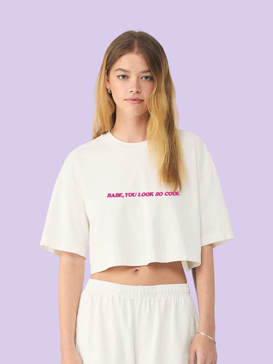 Babe, You Look So Cool Embroidered Boxy Cropped T-Shirt