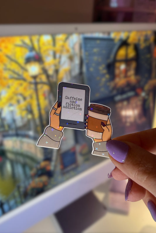 Caffeine and Fiction Addiction Sparkly Sticker
